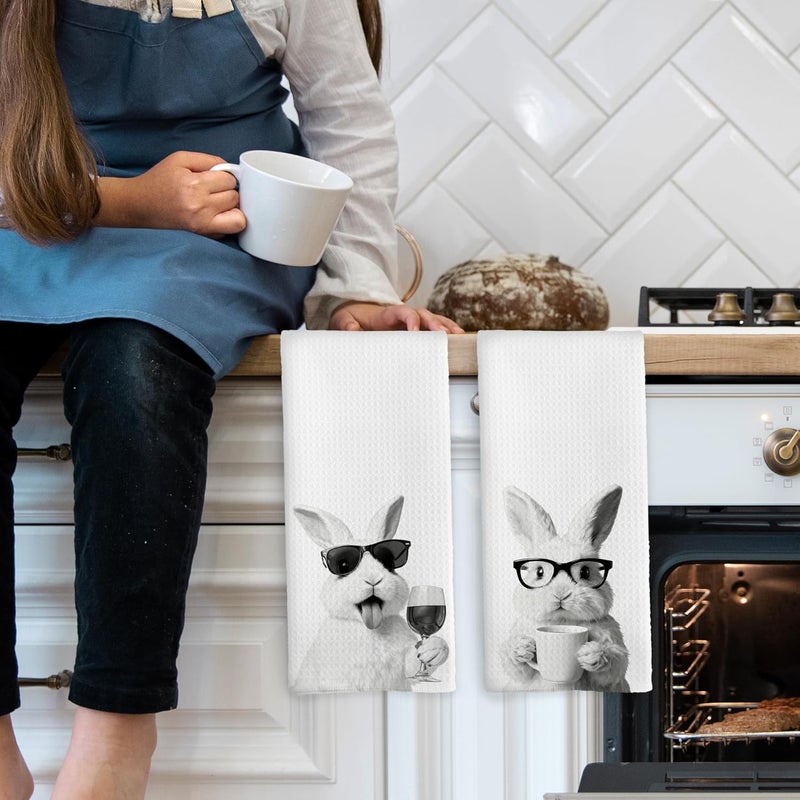 Mcehtle Funny Bunny Kitchen Towels Set of 2, Easter Rabbit Kitchen Accessories, Coffee Wine Station Decor, Chef Gift Hand Towel, Dining Room Decorative Tea Towel Dish Towels 16x24 Inch - Image 3